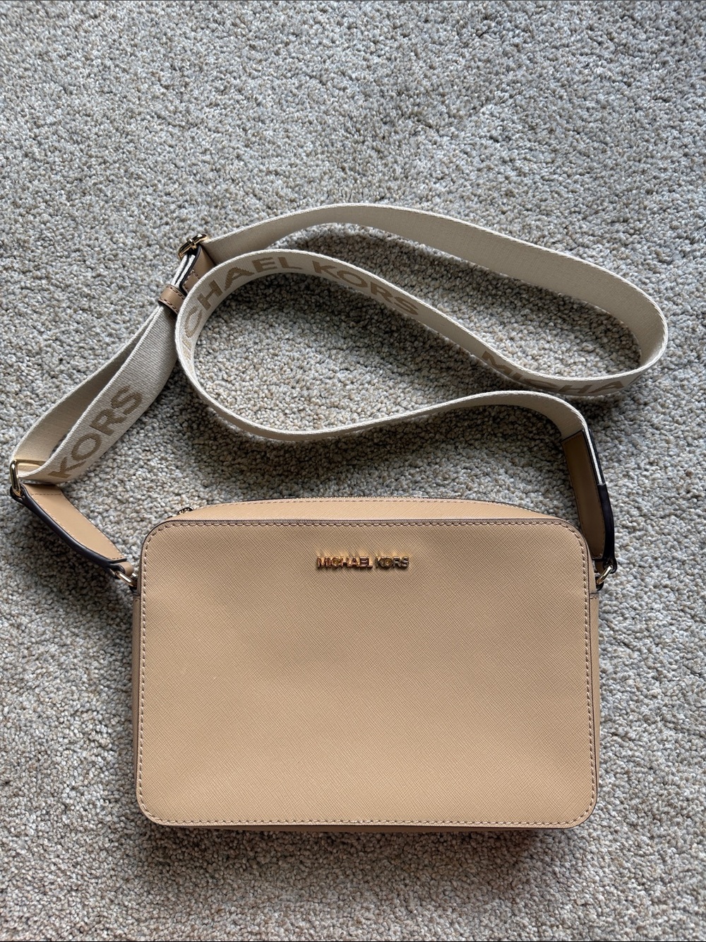 Michael Kors Beige/Tan Crossbody Camera Bag with Logo Strap